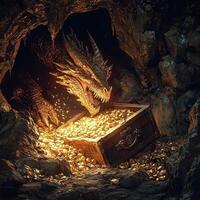 A golden dragon guards a treasure chest in a dark cave photo