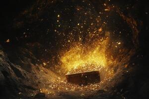 Treasure chest overflows with glowing gold in a dark cavern photo