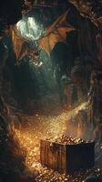 Dragon soars above a mountain of golden treasure in a cave photo