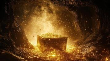 Treasure chest brimming with gold coins inside dark cave photo