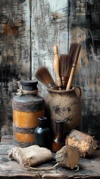 Still life arrangement featuring brushes bottles and rustic materials photo