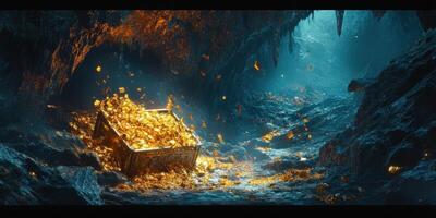 An open treasure chest filled with gold nuggets inside a cave photo