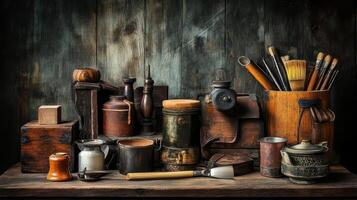 Still life displaying an assortment of rustic wooden and metal objects photo