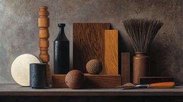 Still life featuring wood objects with various textures and forms photo