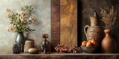Rustic still life featuring pottery flowers and various decorative objects photo