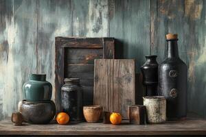 Still life featuring rustic pottery fruit and wooden elements photo