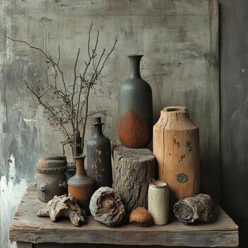 Assortment of natural and handcrafted objects arranged on wooden surface photo