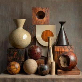 Arrangement of decorative wooden objects and vases on display photo