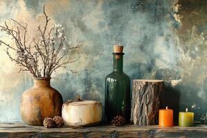 Rustic still life features natural elements against a textured backdrop photo