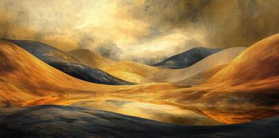 Abstract golden landscape featuring rolling hills and subtle reflections photo