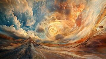 Painting showcases surreal landscape beneath swirling vortex of clouds photo