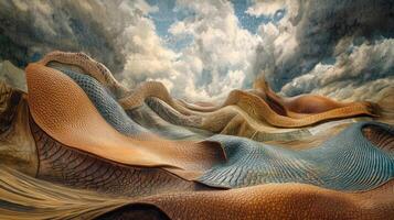 Abstract landscape painting with textures and undulating formations under sky photo