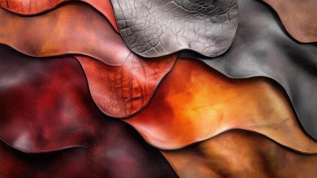 Stacked pieces of colorful leather with varying textures undulate photo