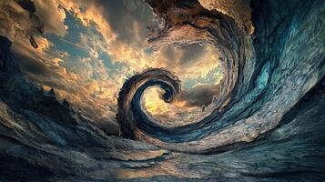 Abstract wave structure dominates the scene beneath the sunset sky photo