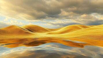 Golden hills reflect under a cloudy sky over still water photo