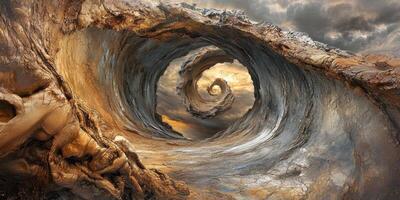 An abstract geological formation swirling into the stormy sky photo