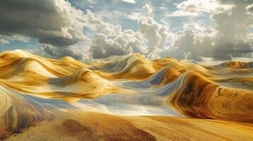 Golden hills under a cloudy sky present a wavy landscape photo