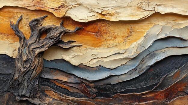 Twisted weathered tree stands against layered landscape backdrop photo