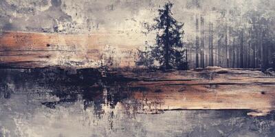 Distressed painting depicting a forest scene with old wooden boards photo