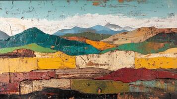 Colorful mountain range artwork created from reclaimed and painted wood photo