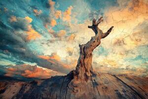 Weathered tree trunk rises against a textured sky backdrop photo