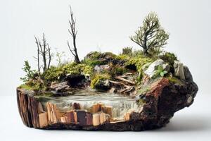 Miniature landscape featuring water cascading through tree trunk cross section photo