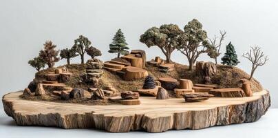 Miniature landscape featuring trees stones moss and wooden platform base photo