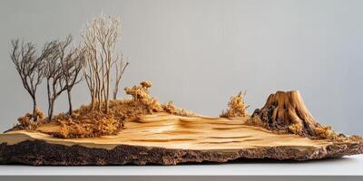 Wooden miniature landscape with trees and a tree stump photo