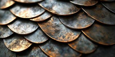 Close up of aged metallic scales overlapping each other photo