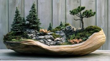 A miniature landscape featuring trees rocks and moss in driftwood photo