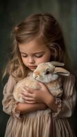 A little girl holding a rabbit in her arms photo