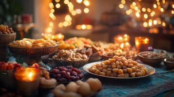 A table with various types of food and candles photo