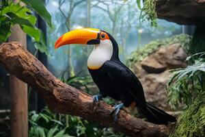 A toucan is sitting on a branch in a tropical setting photo