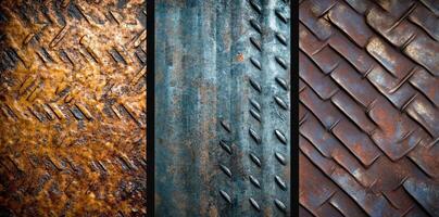 Three different metal textures showcasing wear corrosion and patterns photo