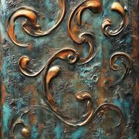 Ornate copper flourishes over mottled turquoise and brown textured background photo