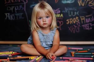 A little girl sitting on the floor with crayons photo