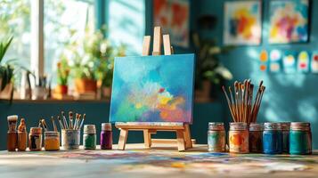 An easel with paints, brushes and other supplies photo