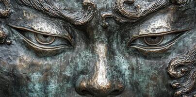 Close up shows an imposing bronze mask face photo
