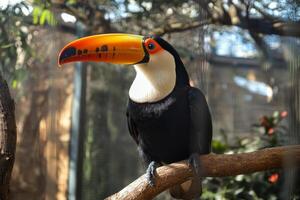 A toucan sitting on a branch in a zoo photo