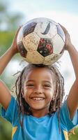 A young girl with dreadlocks holding a soccer ball photo