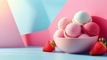 A bowl of ice cream with strawberries on a blue background photo