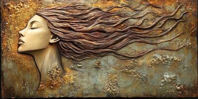 Embossed artwork of a peaceful woman with flowing hair photo