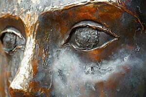 Close up of a bronze colored statue face eyes photo