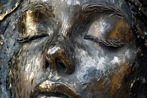 Bronze sculpture depicting a face with closed eyes in contemplation photo