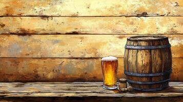 Beer barrel and glass on wooden table with grunge background photo