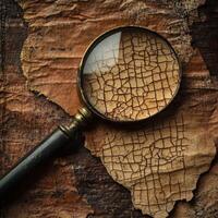 Magnifying glass over cracked paper resting on wooden surface photo