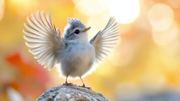 A small bird with its wings spread out photo