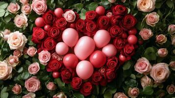 Roses and hearts made of pink and red balls photo
