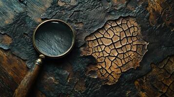 Magnifying glass examines a cracked dry landscape pattern photo