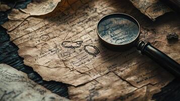 Magnifying glass rests on aged handwritten document with sketches photo